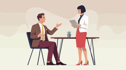 Illustration of two professionals discussing work at small table, symbolizing communication, collaboration, teamwork, and modern office culture