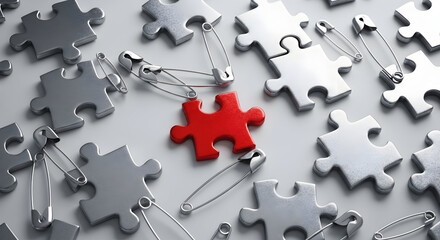 Unique red puzzle piece among silver pieces with safety pins concept