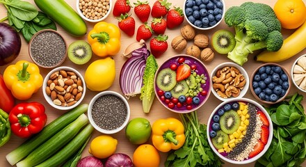 Vibrant superfoods bounty bursting with fresh fruits, vegetables, nuts, and seeds for healthy eating