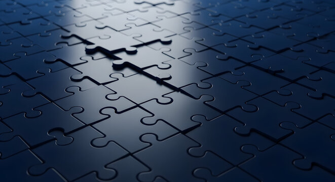 Abstract dark blue puzzle pieces with missing element business concept