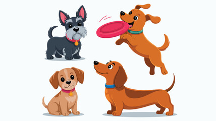 Set of four playful cartoon dog illustrations showing different breeds and dynamic poses, symbolizing energy, joy, personality, and pet life