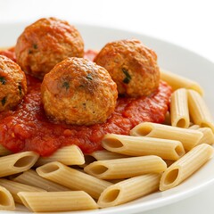whole wheat pasta with soft turkey meatballs and marinara, low sodium soft pasta meal ,isolated on white background