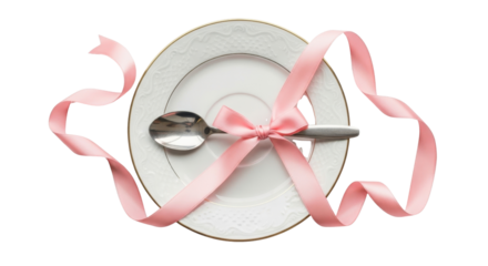 Elegant table setting with plate, spoon, and pink ribbon isolated PNG with Transparent Background