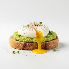avocado toast on soft whole grain bread with poached egg, gentle textured breakfast ,isolated on white background