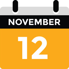 
12 November, calendar date icon. 12 November Calendar Date for Deadlines or Appointment. Day, month. vector illustration.
