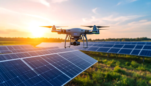 Drone inspects solar panel array for renewable energy production under sunset