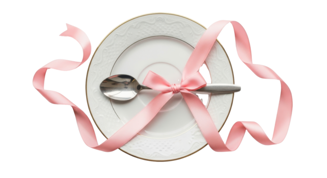 Elegant table setting with plate, spoon, and pink ribbon isolated PNG with Transparent Background