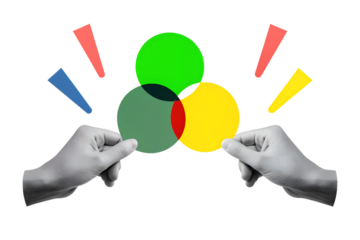 Black and white hands holding intersecting circles - concept of synergy. Illustration on transparent background in a modern collage style