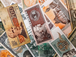 Close-up of Soviet and Eastern European banknotes mix