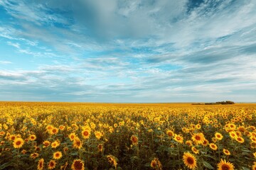 Obraz premium Sunflowers in a field under a partly cloudy sky. Backdrop for a summer design