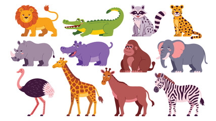Fototapeta premium Set of twelve colorful animal illustrations including lion, crocodile, zebra, giraffe, elephant, raccoon, horse, and more in playful style