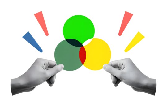 Black and white hands holding intersecting circles - concept of synergy. Illustration on transparent background in a modern collage style