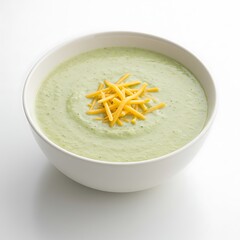 creamy broccoli soup with light cheese, american style soft soup for seniors ,isolated on white background
