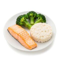 soft salmon and rice cake with steamed broccoli, clean elderly diet meal ,isolated on white background