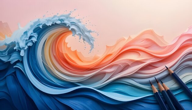 Vibrant artistic wave created with pencils in stunning shades of blue, orange, and pink, perfect for creative projects and artistic expression