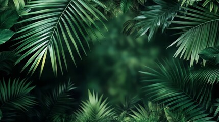 Lush Green Palm Fronds Background with Rainforest Canopy and Exotic Tropical Foliage and Ferns