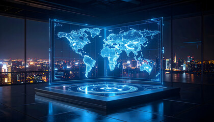 Futuristic world map on digital display against cityscape night background