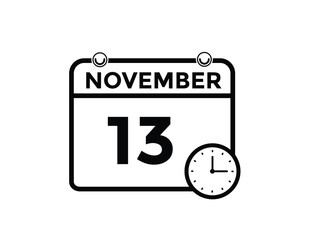 
13 November, calendar date icon. 13 November Calendar Date for Deadlines or Appointment. Day, month. vector illustration.
