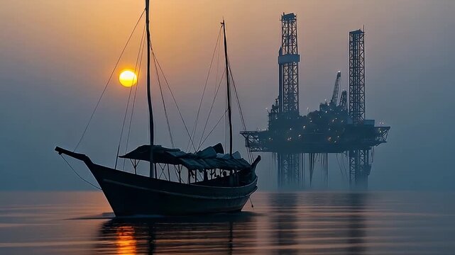 Silhouette of Traditional Dhow Sailing Near Oil Rig at Sunset on Calm Sea with Orange Sky and Reflection