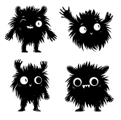 Cute furry ball monster character cartoon set. Vector illustration doodle linocut style. © Flying Fred