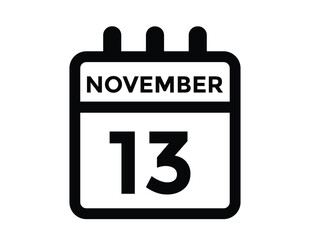 
13 November, calendar date icon. 13 November Calendar Date for Deadlines or Appointment. Day, month. vector illustration.
