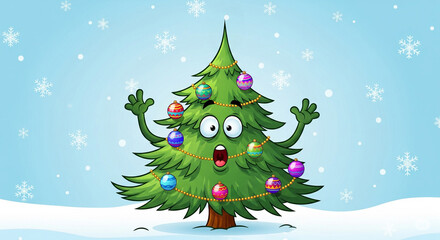 Cartoon Christmas tree with a surprised expression
