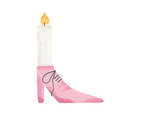Creative candle shaped like a white taper candle in a stylish pink high heel boot. Unique and fashionable decor element.