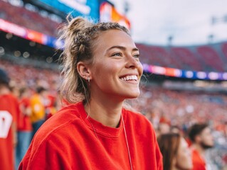 Fototapeta premium Joyful Young Woman Smiling at Stadium During Gay Day Celebration