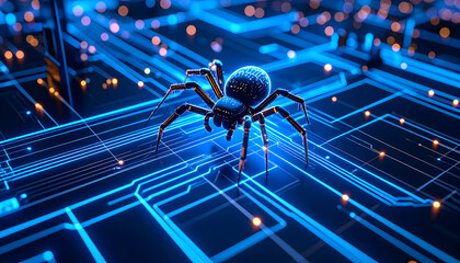 Spider on circuit board futuristic tech concept with digital network