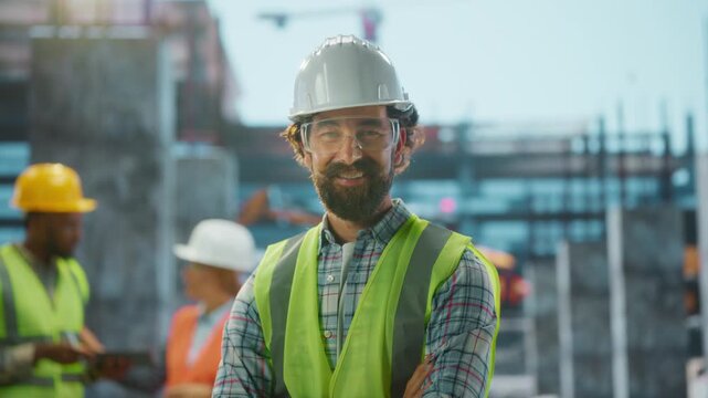Portrait of smiling engineer posing with crossed arms at construction site