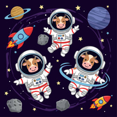 Three cute cows in astronaut suits floating in space, perfect for children's books, textiles, or websites.