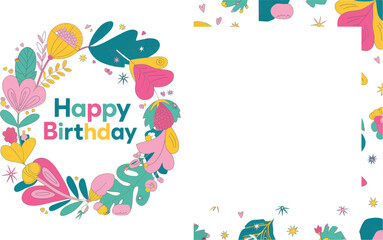 A birthday card with happy birthday text and a floral wreath and a blank space for customization