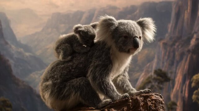 The mother and her baby koala are sitting on a rock in the mountains