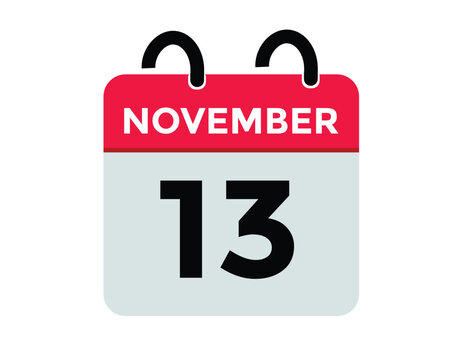 
13 November, calendar date icon. 13 November Calendar Date for Deadlines or Appointment. Day, month. vector illustration.
