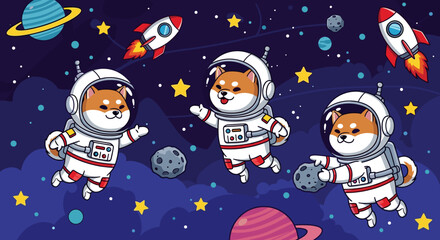 Adorable Shiba Inu astronauts floating in space, perfect for children's books, websites, or apparel.