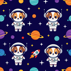 Adorable dog astronauts in space: seamless pattern for kids' products, textiles, and digital designs.