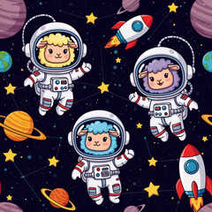 Cute sheep astronauts in space, perfect for children's books, textiles, or websites.