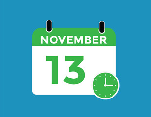 
13 November, calendar date icon. 13 November Calendar Date for Deadlines or Appointment. Day, month. vector illustration.
