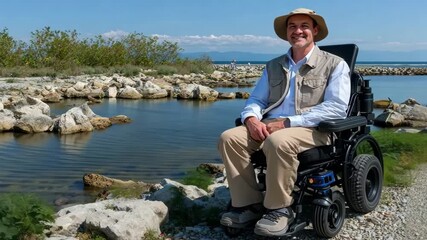 Man in wheelchair enjoys a serene lakeside view with mountains and blue sky in the backdrop, showcasing accessibility in nature at a leisurely pace - Powered by Adobe
