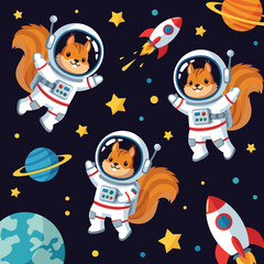 Cute squirrels in spacesuits floating in space, perfect for children's books, educational materials, or space-themed designs.