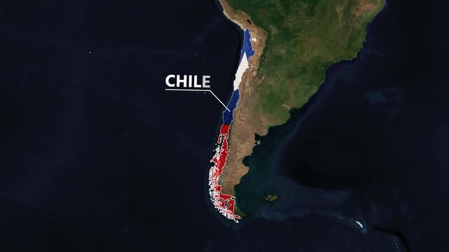 Zoom from Earth to Chile. (Country Flag) World map animation with highlighted country borders. Satellite 3d world map animation highlights aerial views, tourism, and travel. 4k