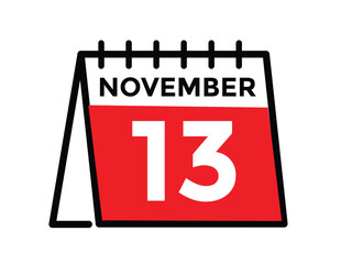 
13 November, calendar date icon. 13 November Calendar Date for Deadlines or Appointment. Day, month. vector illustration.
