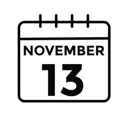 
13 November, calendar date icon. 13 November Calendar Date for Deadlines or Appointment. Day, month. vector illustration.
