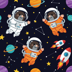 Cute moles in spacesuits floating in space, perfect for children's books, textiles, or websites.