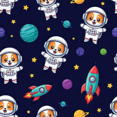 Adorable dog astronauts and rockets in space, perfect for children's products, fabric prints, or space-themed websites. © Astroboy