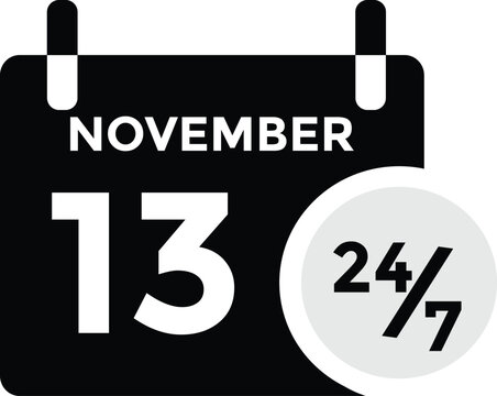 
13 November, calendar date icon. 13 November Calendar Date for Deadlines or Appointment. Day, month. vector illustration.

