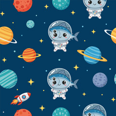 Cute Tuna Astronaut Seamless Pattern - Perfect for kids' apparel, fabrics, or space-themed projects.