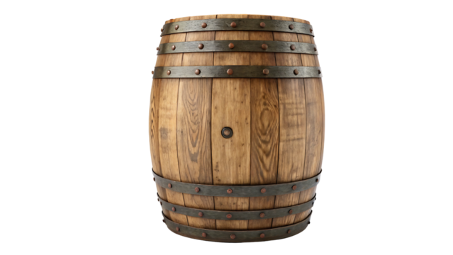 Wooden barrel with metal bands isolated on a transparent background oak barrel wine barrel