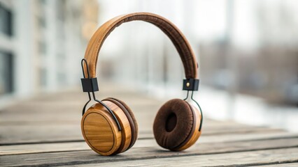 Wooden headphones block with carved musical notes — blending natural and digital music
