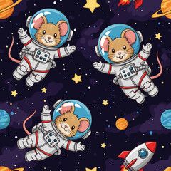 Cute Mice Astronauts Seamless Pattern: Perfect for kids' apparel, fabric, and space-themed projects.